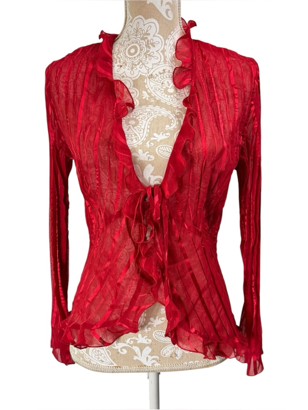 Y2K Red Ruffle Tie Front Sheer Striped Fairy Top Cardigan Romantic Size Small